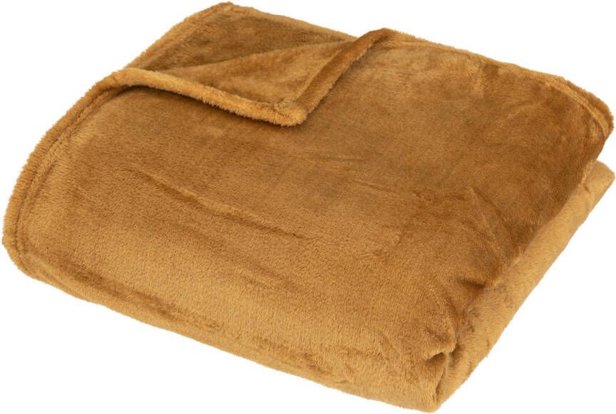 CASA DI ELTURO Flanellen Fleece Plaid Gold Ocre Met Opberg Tasje 150 X 200 Cm
