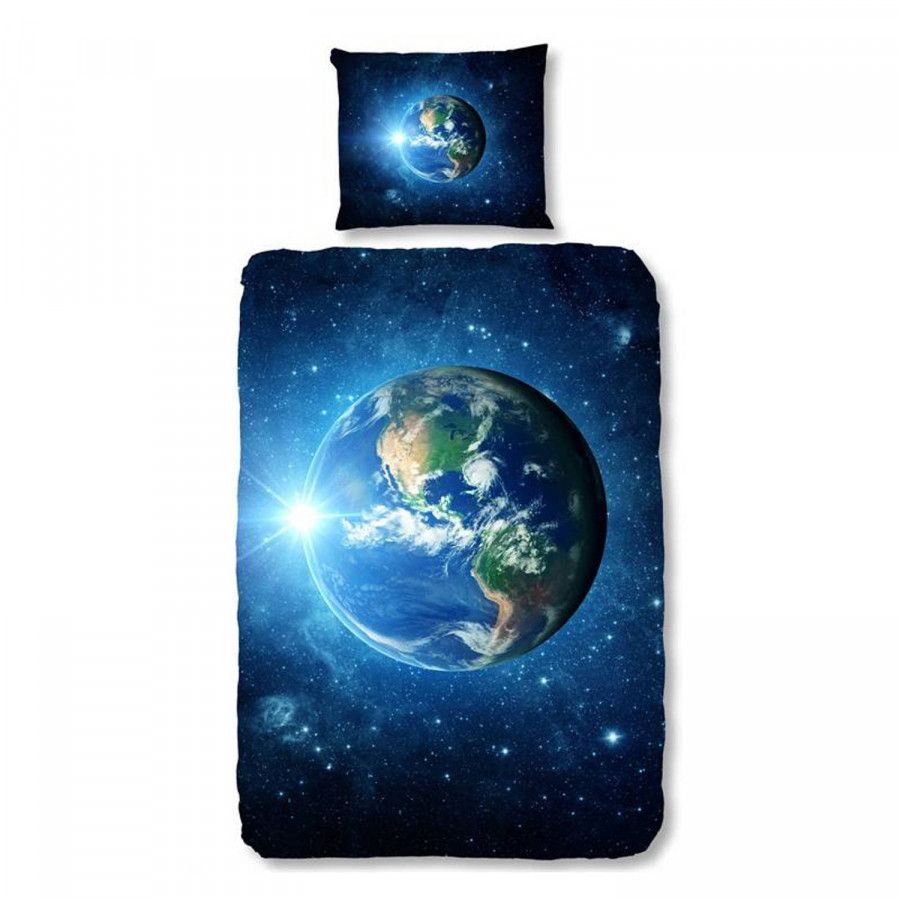 Good Morning Earth Dekbedovertrek 100% Katoen 1 persoons(140x200/220 Cm + 1 Sloop) 1 Stuk(60x70 Cm) Blauw