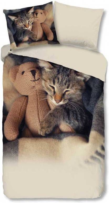 Good Morning kinderdekbedovertrek Cute Little Cat zandkleur 140x200/220 cm Leen Bakker