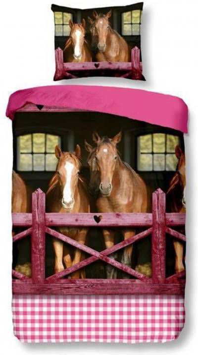 Snoozing Horses Dekbedovertrek 100% Katoen 1 persoons(140x200/220 Cm + 1 Sloop) 1 Stuk(60x70 Cm) Roze